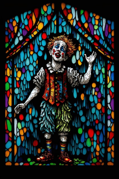 Um vitral com um palhaço nele.