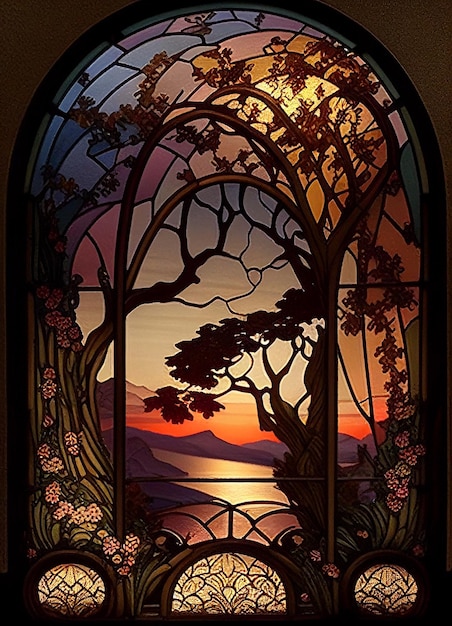 Um vitral com um pôr do sol ao fundo.