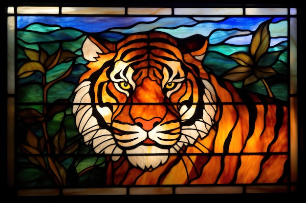 Um vitral com uma cara de tigre