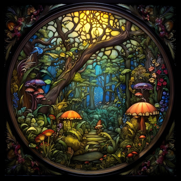 Um vitral com uma cena de floresta e um caminho de cogumelos.