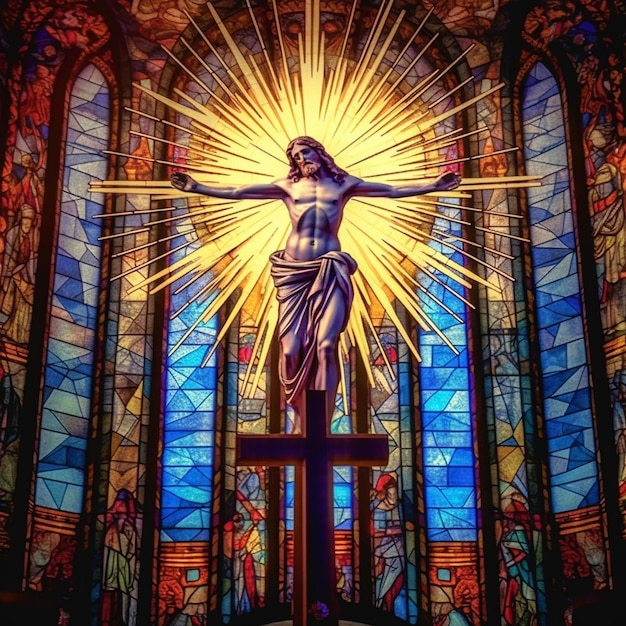 Um vitral com uma estátua de Jesus