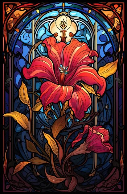 Um vitral com uma flor vermelha