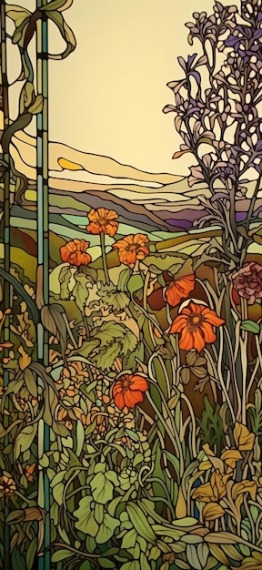 Um vitral com uma paisagem de flores e um fundo do céu.