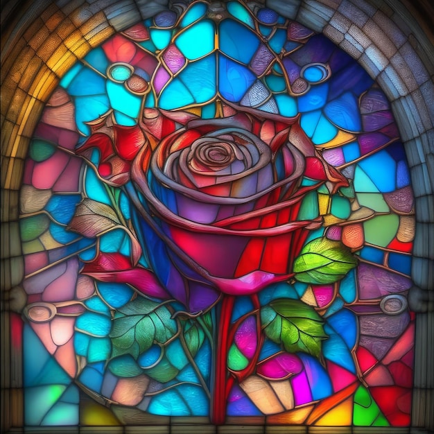 Um vitral com uma rosa nele