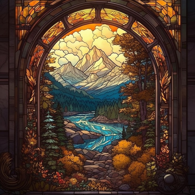 Um vitral com vista para a montanha ao fundo.