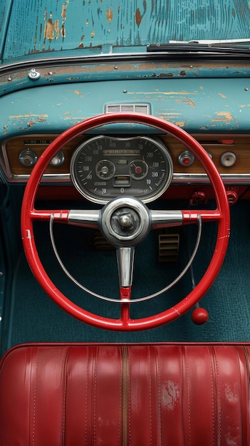 Foto um volante e um painel de um carro clássico