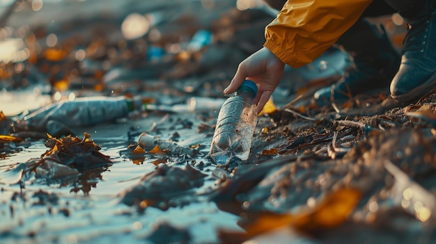 Um voluntário recolhe lixo em uma praia lamacenta Closeup O conceito do Dia da Terra Vista inferior