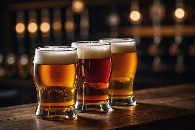 Um voo de cerveja com pequenos copos de diferentes cervejas