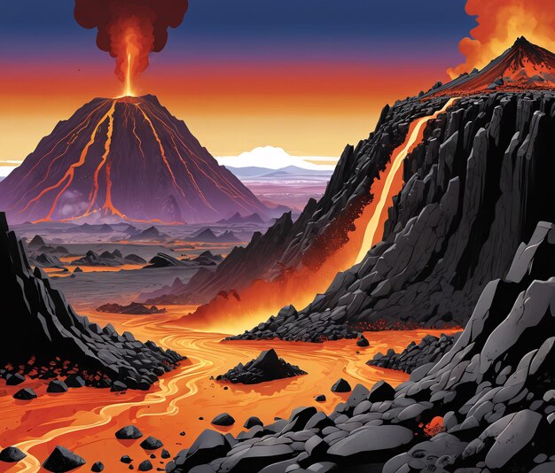 um vulcão à distância com lava e lava na frente