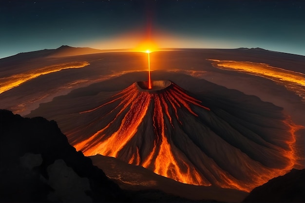 É um vulcão ativo com uma noite escura incríveis árvores e um sol escuro circundante verde