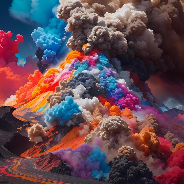 Um vulcão colorido em erupção