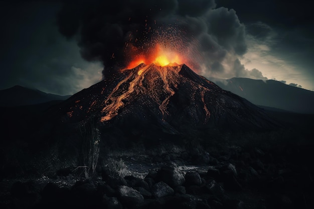 Um vulcão com céu escuro e fumaça