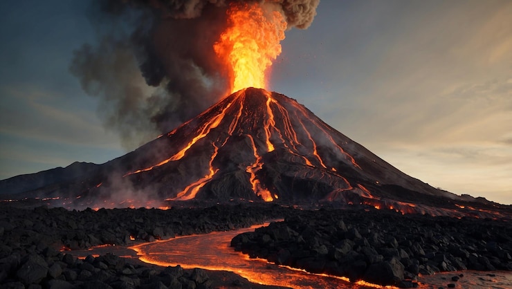 Foto um vulcão com lava saindo dele e um vulcã ao fundo
