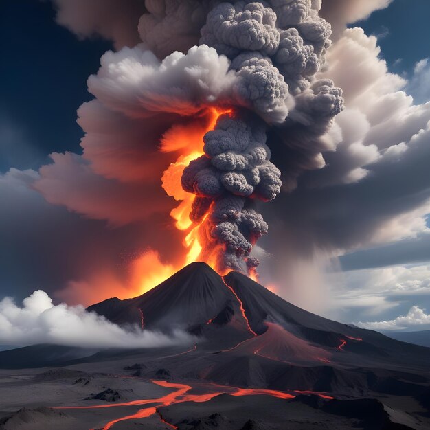 Foto um vulcão com uma nuvem de lava saindo dele