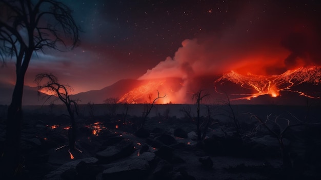 Um vulcão cuspindo lava no céu noturno generative ai image