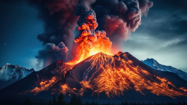 um vulcão em erupção com fumaça e fogo