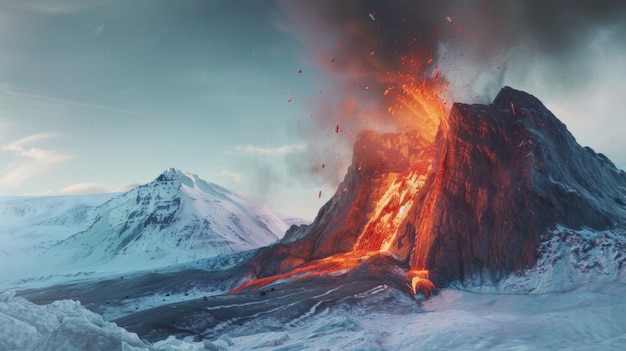 Um vulcão em erupção em meio a uma paisagem coberta de neve uma fusão dramática de fogo e gelo