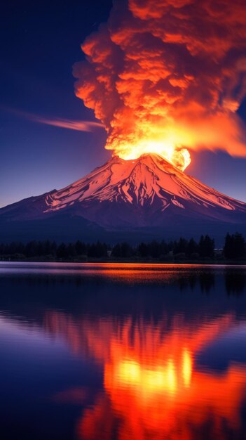 Foto um vulcão ilumina o céu noturno com o seu brilho de fogo que mostra a beleza do poder da natureza