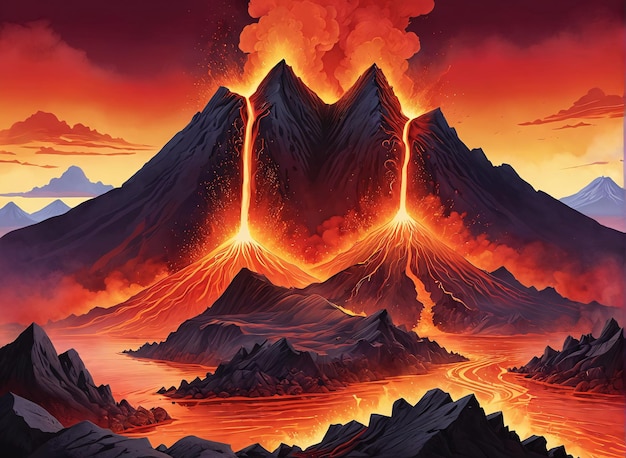 um vulcão no meio de uma montanha com lava e lava