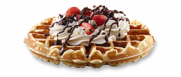 Um waffle belga quadrado coberto com bagas frescas e creme batido