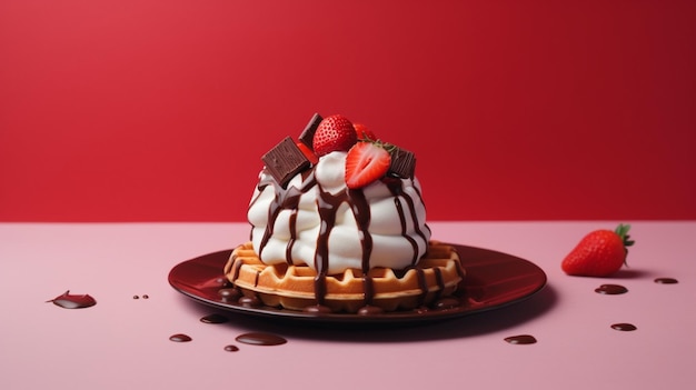 Um waffle com chocolate e morangos por cima.