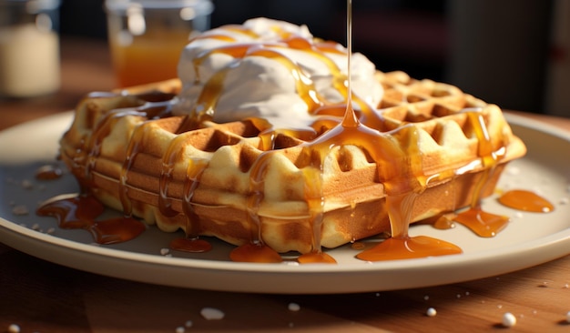 um waffle com creme e xarope derramado em cima