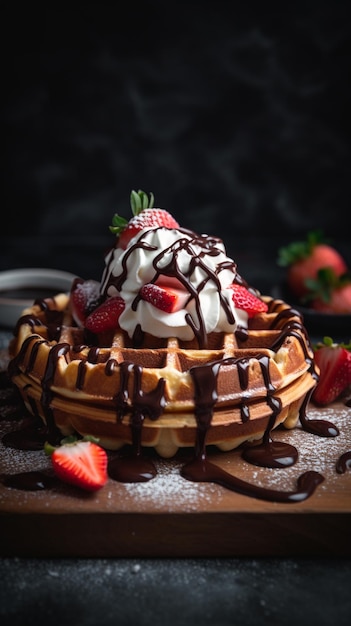 Um waffle com morangos e chocolate por cima