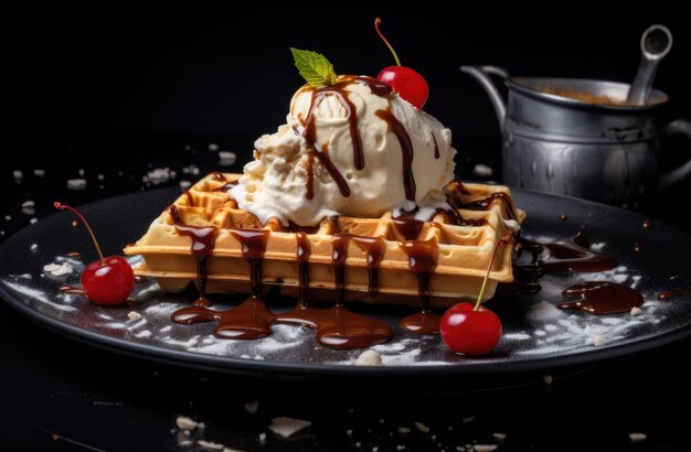 um waffle com sorvete de gel branco e xarope