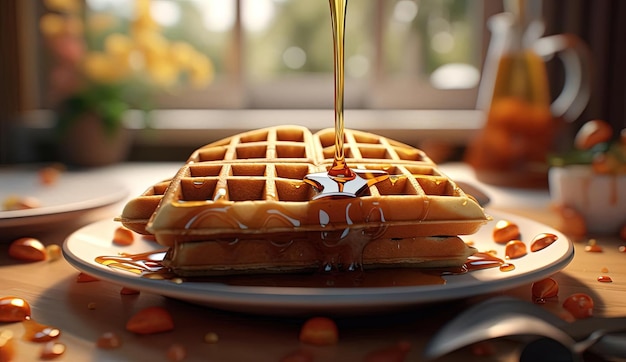 um waffle com um pouco de calda está pingando sobre ele