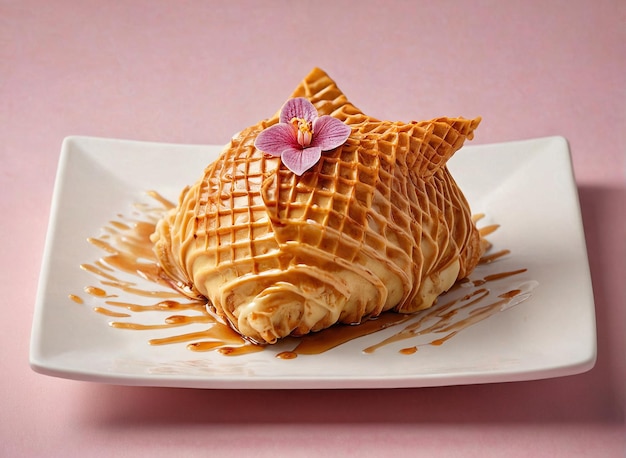 um waffle com uma flor em cima dele senta-se em um prato