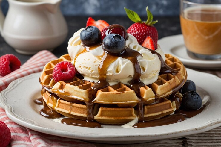 Foto um waffle com xarope de chocolate e bagas em cima