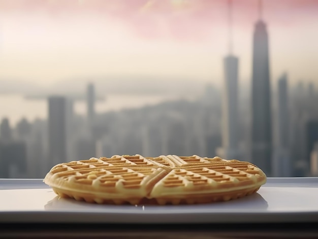 Um waffle em um lugar com o horizonte da cidade nas costas suco ao lado