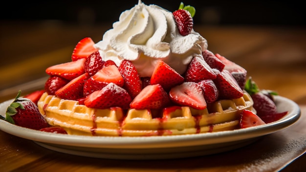 Um waffle marrom dourado coberto com morangos frescos e chantilly