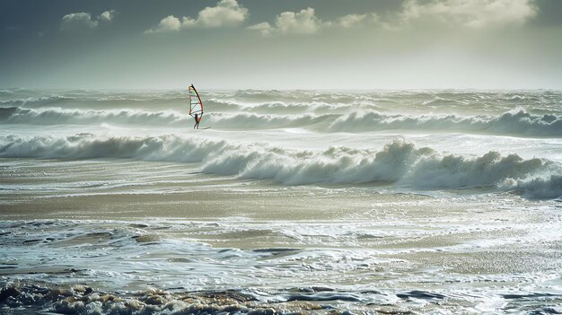 Foto um windsurfista cavalga nas ondas num dia de tempestade o wind surfista está vestindo um fato de mergulho e um capacete as ondas são grandes e agitadas