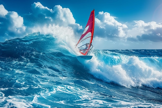 Um windsurfista enfrenta os mares turquesa mostrando a intensidade e a excitação de aproveitar o p
