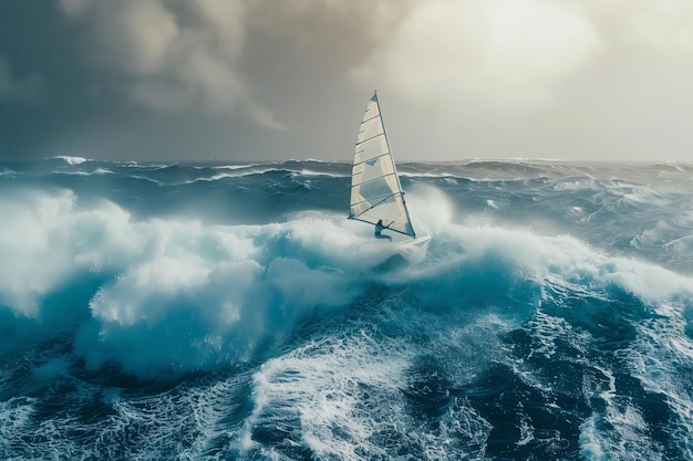 Um windsurfista solitário enfrenta ondas tempestuosas navegando com precisão e coragem neste