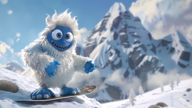 Foto um yeti bonito e amigável está fazendo snowboard em uma montanha coberta de neve ele está vestindo uma roupa azul e laranja e tem um grande sorriso no rosto
