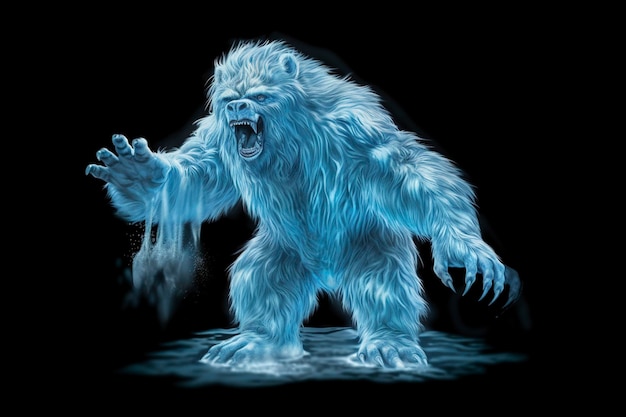 Um yeti com um brilho azul no escuro.