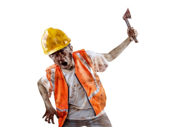 Um zumbi assustador de trabalhador da construção civil com sangue e feridas no corpo andando enquanto carregava um machado isolado sobre um fundo branco