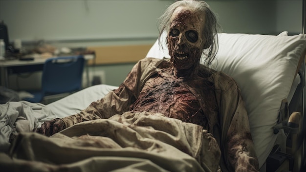 Foto um zumbi assustador deitado na cama do hospital. tema de horror.