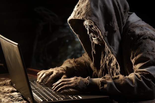 Um zumbi assustador em um capuz trabalha em um laptop ilustração de halloween