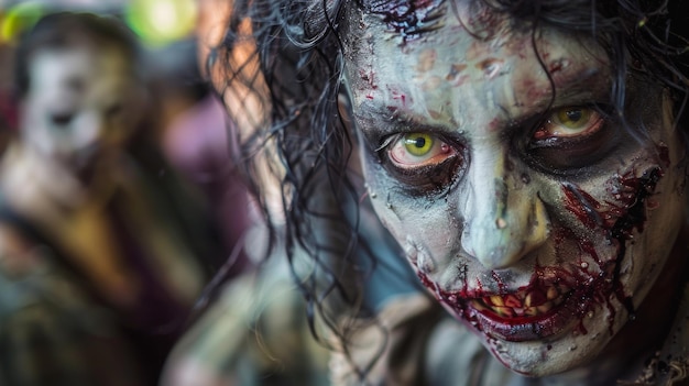 Um zumbi com olhos verdes e um rosto de zumbi verde.