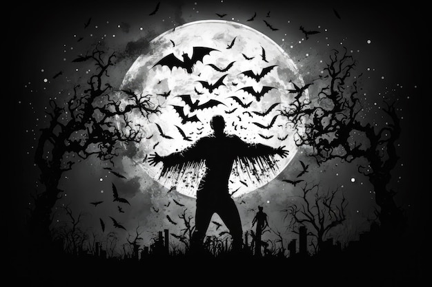Um zumbi irrompe do cemitério em uma noite escura de lua cheia com morcegos empoleirados
