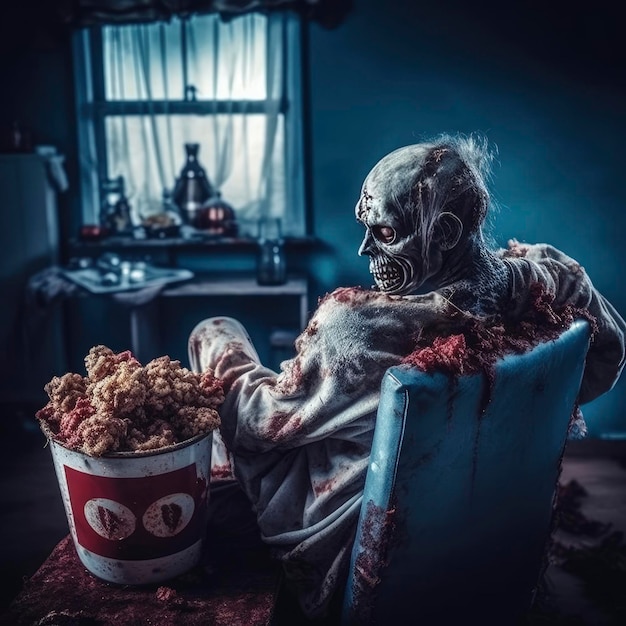 Foto um zumbi sentado comendo