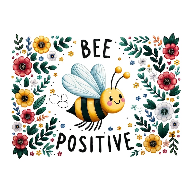 Uma abelha alegre cercada por flores e folhas vibrantes com a frase motivacional Bee Positive