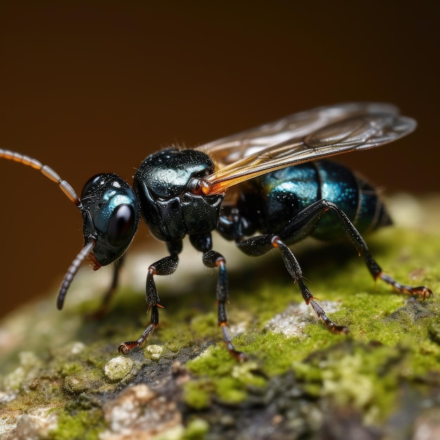 Uma abelha azul está em um galho coberto de musgo com um corpo verde e preto.