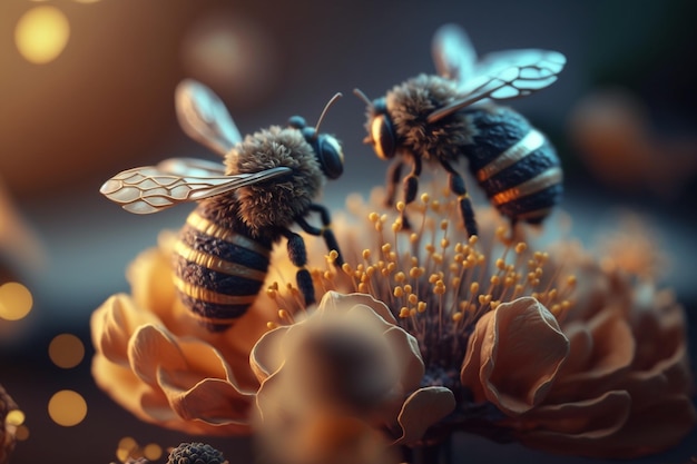 Uma abelha coleta mel em flores na natureza Closeup de uma abelha alimentando néctar Prado de verão florido multicolorido Prado de flores silvestres florescendo exuberante dourado com ervas e flores silvestres