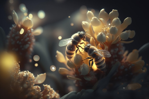 Uma abelha coleta mel em flores na natureza Closeup de uma abelha alimentando néctar Prado de verão florido multicolorido Prado de flores silvestres florescendo exuberante dourado com ervas e flores silvestres