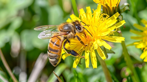 Uma abelha coleta néctar de flores amarelas de dente-de-leão geradas por IA