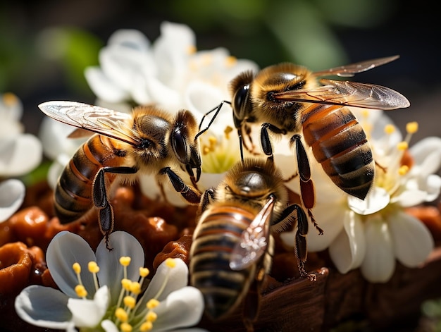 Uma abelha coletando incansavelmente néctar de uma variedade de flores